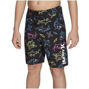 Hurley Boys Swim Trunks Shorts 4 Black Sharks Drawstring Inner Lining Pocket - Picture 1 of 3