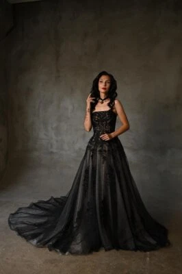 Gothic Black Lace Wedding Dress Strapless Tulle Zip Backless Sweep Train - Image 1 of 4