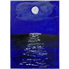 PEINTURE ORIGINALE ACEO Mini Carte Art de Collection Nature Nuit Bleu Mer Lune Ooak