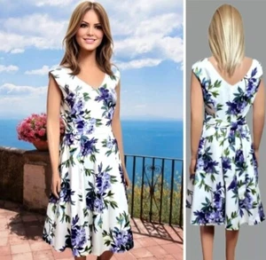 M&CO DRESS UK 12 WHITE+PURPLE FLORAL PRINT FIT&FLARED SLEEVELESS KNEE LENGTH #17 - Picture 1 of 12