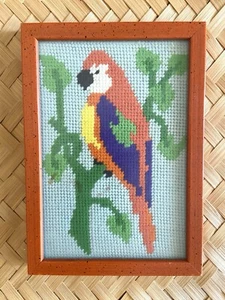 Vintage Completed Small Floral Needlepoint Picture Framed Tropical Parrot 5”x7” - Picture 1 of 4