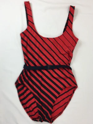Traje de baño vintage Edith Thais de una pieza cinturón rojo negro a rayas talla 10 Foto 1 de 4