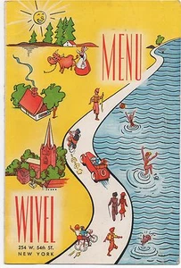 Menú/Mailer de los años 50 con portada cómica del restaurante Wivel de Nueva York - Imagen 1 de 3