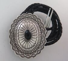 Quality XL Sterling Silver & Black Onyx Scalloped Concho Style Bolo Tie