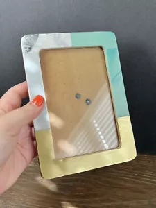 ZODAX Picture Frame 4x6 Apulia Aqua Marble Gold Brass Tabletop Rectangular - Picture 1 of 12