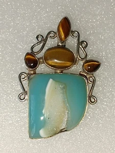 Blauer Chalcedon mit Geode und Vier Ovalen Tigerauge-Steinen 925er Silber - Bild 1 von 2