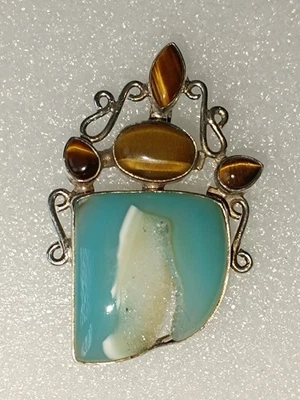 Blauer Chalcedon mit Geode und Vier Ovalen Tigerauge-Steinen 925er Silber - Bild 1 von 2