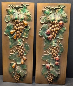 2 Rare MCM Roman Art Co Chalkware Wall Hangings Raised Fruit 22"H x 8.5"W EUC - Picture 1 of 6
