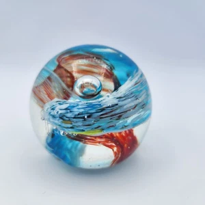 Vtg Hand-Blown Art Glass Paperweight Red Swirl with Blue White Wave Bubbles - Picture 1 of 9