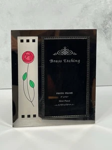 Rennie Mackintosh Silver Plated Photo Frame 3"x5.25" Brass Etched With Pink Rose - Picture 1 of 9