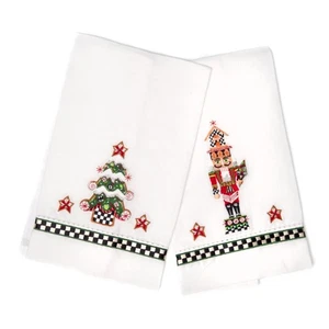 Mackenzie Childs Nutcracker & Christmas Tree GUEST TOWELS Set of 2 NEW 14" x 22" - Picture 1 of 2