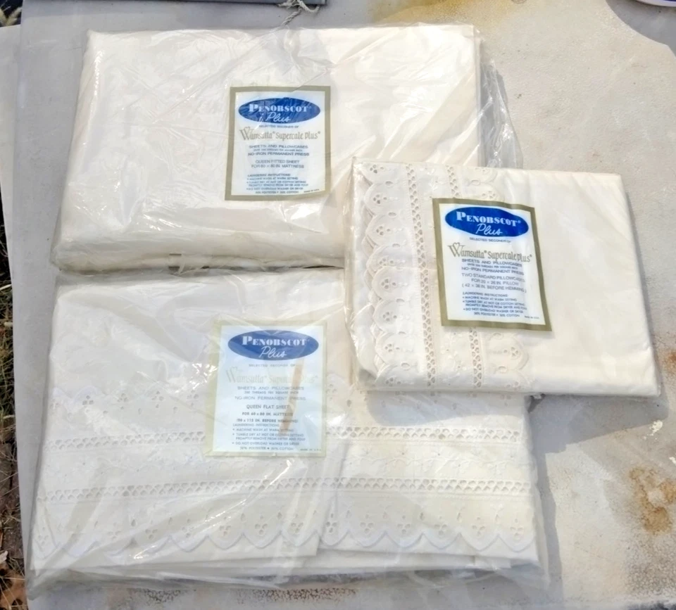 Wamsutta Ivory Eyelet Queen Flat+ Fitted Sheet Set+ Cases NOS  2nds Cottage Core - Image 1 of 4