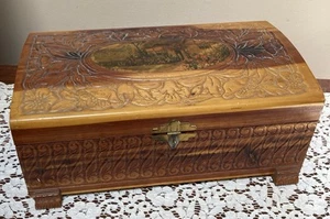 Vintage Carved Cedar Chest Wood Jewelry Trinket Box Decoupaged Cottage Scene - Picture 1 of 13