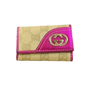 Gucci Beige/Metallic Magenta GG Canvas Key Pouch Wallet 6 Ring - Picture 1 of 11