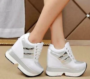 Women Fashion Sequins Wedge Hidden Heels Platform Sneakers Creepers Shoes - Picture 1 of 9