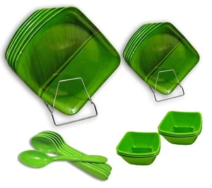 Banana Leaf 24 Pcs Melamine Square Dinner Set 6 Full 6 Half Plates, 6 Bowls - Picture 1 of 4