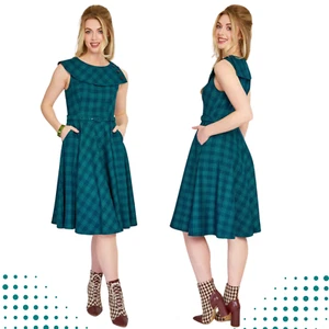 Green Checked Retro vintage Style  Flare Dress - Foto 1 di 6
