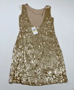Nuevo con etiquetas Vestido Michael Kors Lentejuelas Dorado Espalda Abierta Detalle Cadena Talla Mediana - Imagen 1 de 12