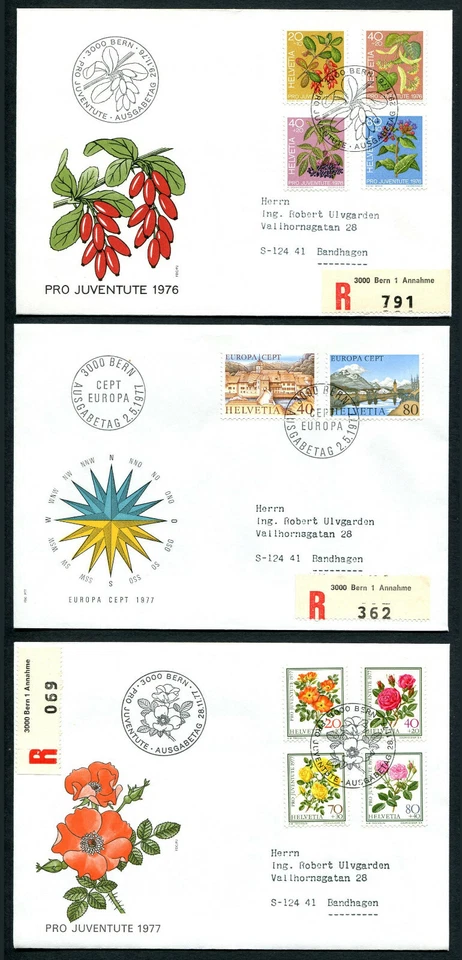 Switzerland K93 3 FDC 1976/77 registered Europa CEPT Flora Berries Flowers Roses - Image 1 of 1