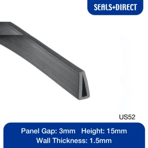 Rubber Square U Channel Section US52 Seal - Fits 3mm Panel Edge - 15mm Height - Picture 1 of 2