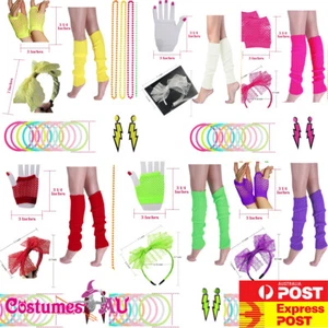 80s Costume Accessories Set Headpiece Necklace Bracelet Legwarmer Gloves Earring - Picture 1 of 12