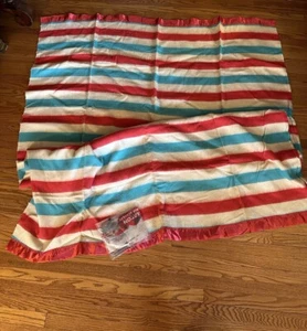 1940s Beacon Blanket Striped Red Cream Blue Satin Binding Original Bag 72” X 90” - Picture 1 of 7