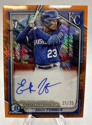 Erick Torres 2024 1st Bowman Chrome AUTO ORANGESHIMMEREFRACTOR 21/25 KC ROYALS - Image 1 of 2