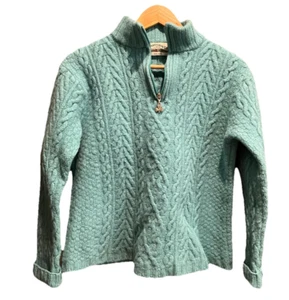 Aran Crafts Teal 1/4 Zip Long Sleeve 100% Merino Wool Women's Sweater Size M - Picture 1 of 5