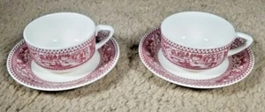 Paar Tassen & Untertassen Sets Memory Lane Rot Transferware Royal Ironstone - Bild 1 von 6