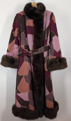 Bill Blass Bond Street Vtg 60s Mod Corduroy Op Art Patchwork Fur Belt Trench 36" - Image 1 of 4