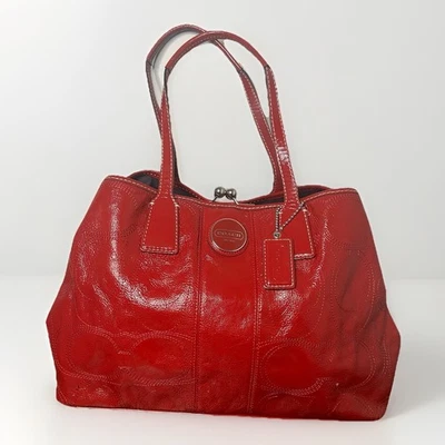 Coach Signature Stitch Framed Carryall Kisslock Red F15658 Shoulder Handbag - Image 1 of 4
