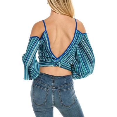 Top para mujer Ramy Brook Ziva a rayas corbata manga globo cielo nuevo con etiquetas 295 talla XXS Foto 1 de 2