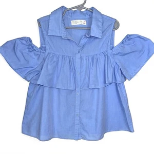 Zara Girls Blue Ruffle Cold Shoulder Short Sleeve Button Up Top Size 10 - Picture 1 of 9