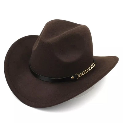 Western Cowboy Hat Wide Brim Fedora Style with Chain Band for Men & Women - Image 1 of 2