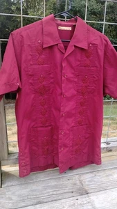 The Havanera Co. Men's Cuban Style Button Up Shirt Medium Dark Red Short Sleeve - Picture 1 of 11
