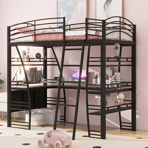 Twin Loft Bed W/4 Layers of Shelves & L-shaped Desk Stylish Metal Frame Bed 0AAB - Picture 1 of 14
