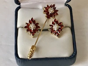 Vintage Garnet Stick Pin W Matching Earrings Marked JC Pierced Gold Tone - Picture 1 of 14
