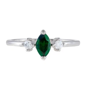 Simulated Marquise Emerald & Round Moissanite Women 3 Stone Ring In 950 Platinum - Picture 1 of 6