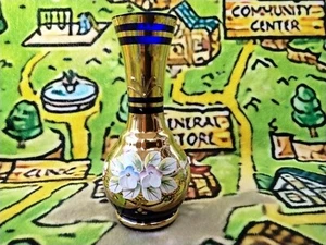 BOHEMIA Czech Cobalt Blue 24%Lead Crystal Hand Painted Floral&Gold Vase 5" NICE! - Picture 1 of 14