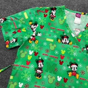 DISNEY Scrub Top Christmas Mickey + Minnie Mouse SMALL Green Medical Shirt - Picture 1 of 10