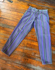 VINTAGE 80s GIRBAUD PURPLE & BLACK STRIPED DENIM JEANS SIZE 34 NICE FREE SHIP! - Picture 1 of 6