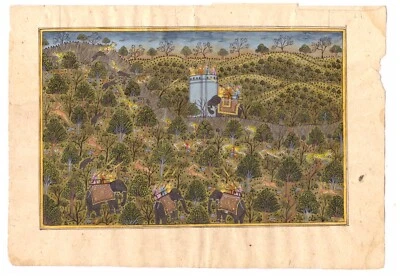 Pintura de caza de tigres de Empoeror con sus amigos en elefante 9x6,5 pulgadas Foto 1 de 4