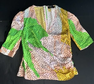 DE LA VALI 100 % Seide Größe 12 Bluse schwarz Taschenpunkte mehrfarbig - Bild 1 von 13