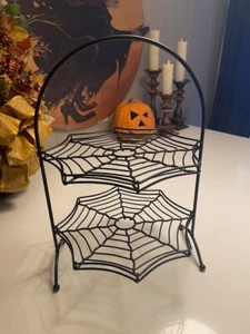 HALLOWEEN BLACK METAL 2 TIER *SPIDER WEB* TRAY APPETIZER DESSERT STAND Preowned - Picture 1 of 2