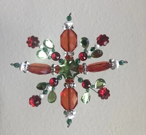 Christmas Ornament Red Green Beaded Snowflake - Picture 1 of 6