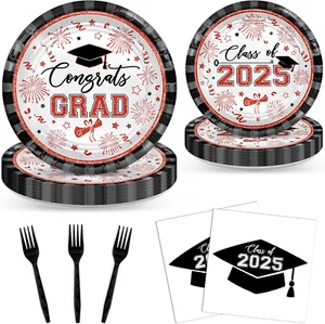 96 Pcs Graduation Paper Plates and Napkins Red and Black Graduation Plates an... - Picture 1 of 12