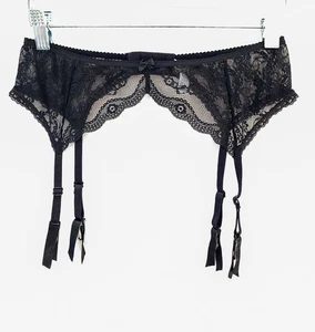 Liguero Negro Encaje M/L Nylon Malla Encaje Lazo Parte Inferior Abierta 4 Correas Ajustables  - Imagen 1 de 6