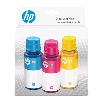 Genuine HP 31 3-Pack Cyan, Magenta, Yellow Ink Bottles 9C228AN EXP 5/26 - Image 1 of 2