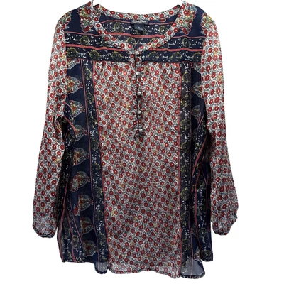 Lucky Brand 女式衬衫上衣 XL 码红色蓝色波西米亚透明纽扣长袖 — 第 1/4 张图片