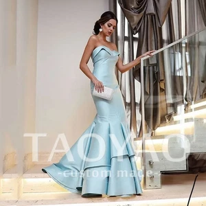 Sky Blue Satin Mermaid Evening Dress Formal Prom Dresses Elegant Wedding Party  - Picture 1 of 6